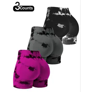 Women's High Waist Seamless Tie Dye Gym Shorts, Wide Elastic Band Gym & Cycling Workout Pants, Stretchy Activewear for Women, Soft Stretch Shorts