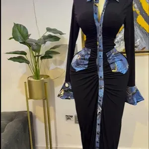 Women's Denim Print Patchwork Long Sleeve Lapel Collar Bodycon Midi Slim Fit Maxi Dress, Single Button Autumn Winter Party Birthday Dress, Casual Fashion Shirt Style Dressy Cutout Back Long Dresses, Education Streetwear Trendy Ladies Dress Cloth