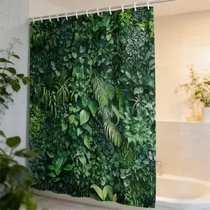Tropical Plant Leaf Pattern Bathroom Curtain, Fresh Natural Style Privacy Divider, Home Bath Decor, Includes Hooks, Easy-To-Use Balcony Curtain