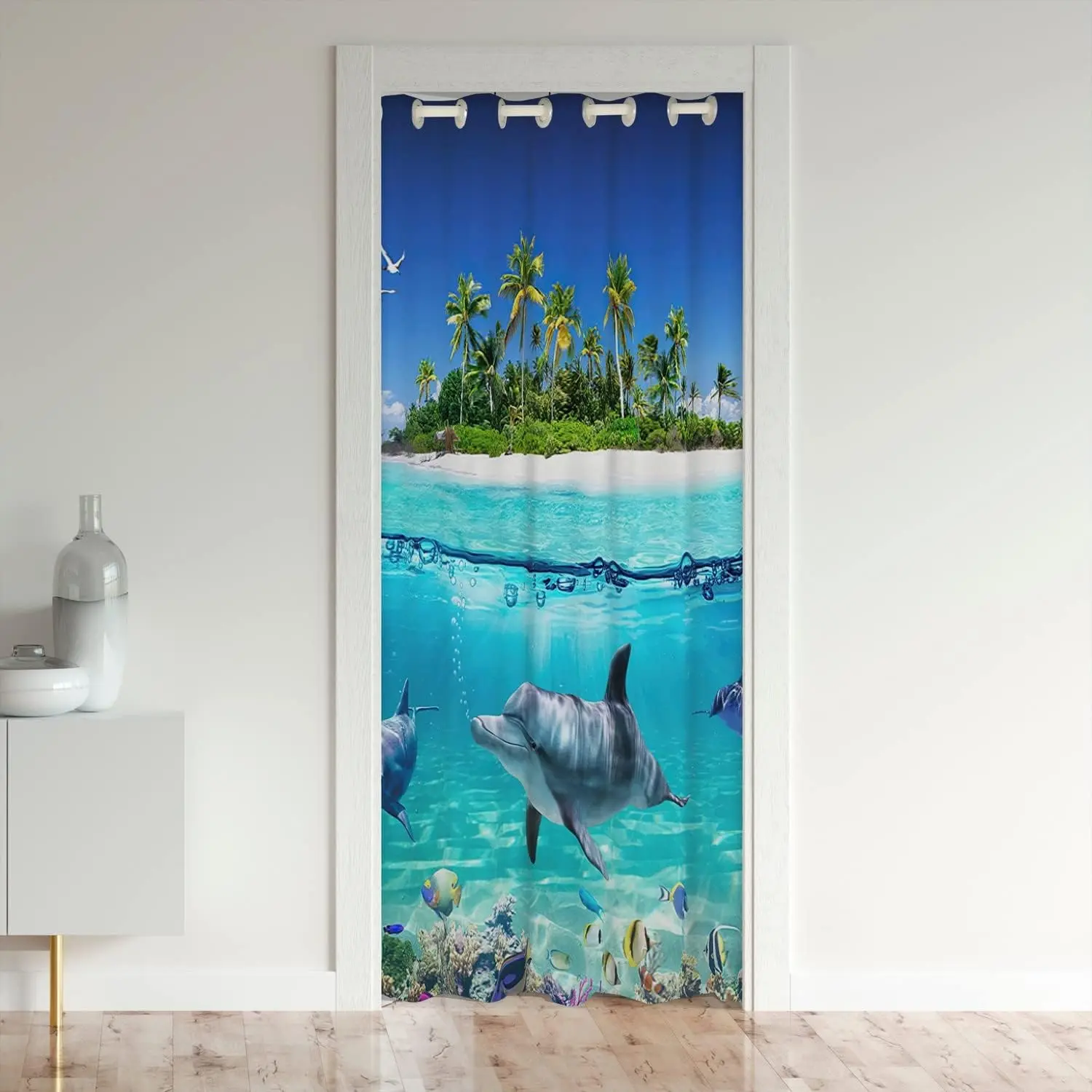 Feelyou Beautiful Patterns Dark-Colored Animal Decorative Dolphin Blackout Curtain - 1 Panel (42x80 in), 30%-50% Blackout, Ocean Animal Themed Door Curtain for Privacy, Hawaiian Sealife Home Decor, Beautiful Patterns Curtains, Dark-Colored Curtains
