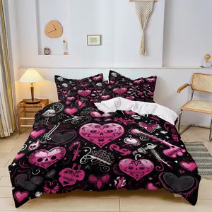 3pc Pink Valentine's Day Gothic Bedding Set, Black Heart Duvet Cover Set, Gothic Theme, includes 1 duvet cover and 2 pillowcases, suitable for single and double beds, perfect for bedrooms, college dorms, and hotel apartments, a great gift for friends