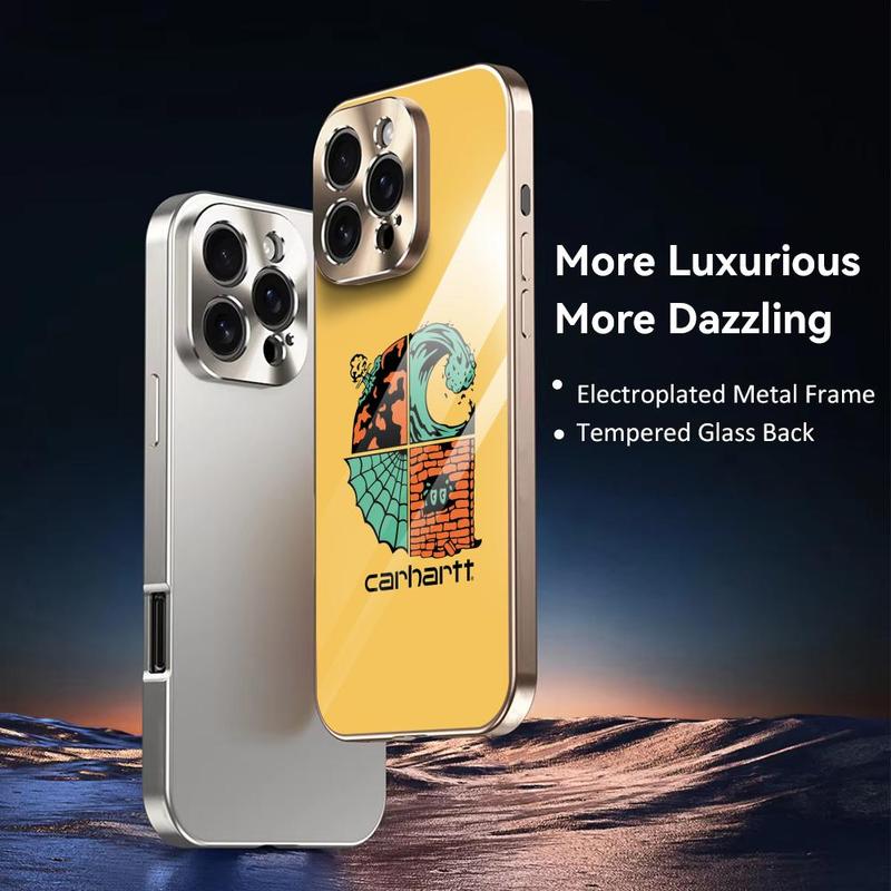 Famous Trend C-C-Carhartt Phone Case For iPhone 17 16 15 14 13 12 Pro Max Plus Electroplated Metal Bumper Case Slim Tempered Glass Back Shockproof Anti-Scratch Luxury Case Fashion Durable Stylish