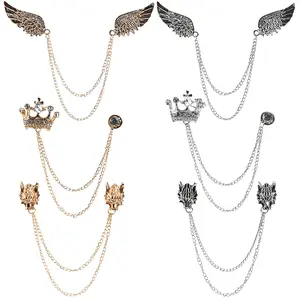 6 Pieces Men's Tassel Chain Brooch Collar Pins Wedding Brooches Collar Pins Wings Wolf Head Crown Lapel Suit Shirt Tuxedo Accessories for Wedding Anniversary Birthday Party Gift Business Office