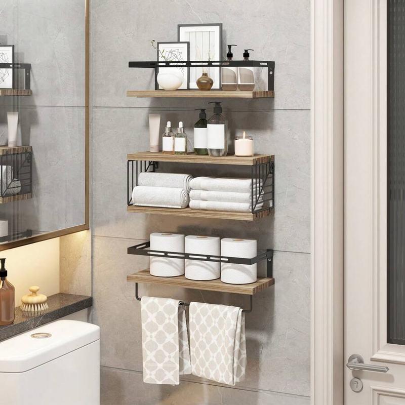 3+1 Tier Wall Mounted Bathroom Shelves Over Toilet, Rustic Wood Floating Shelves With Metal Frame And Towel Bar For Bathroom, Kitchen, Bedroom, Living Room, Home Decor, Bathroom Decor, Bathroom Organizer Summer