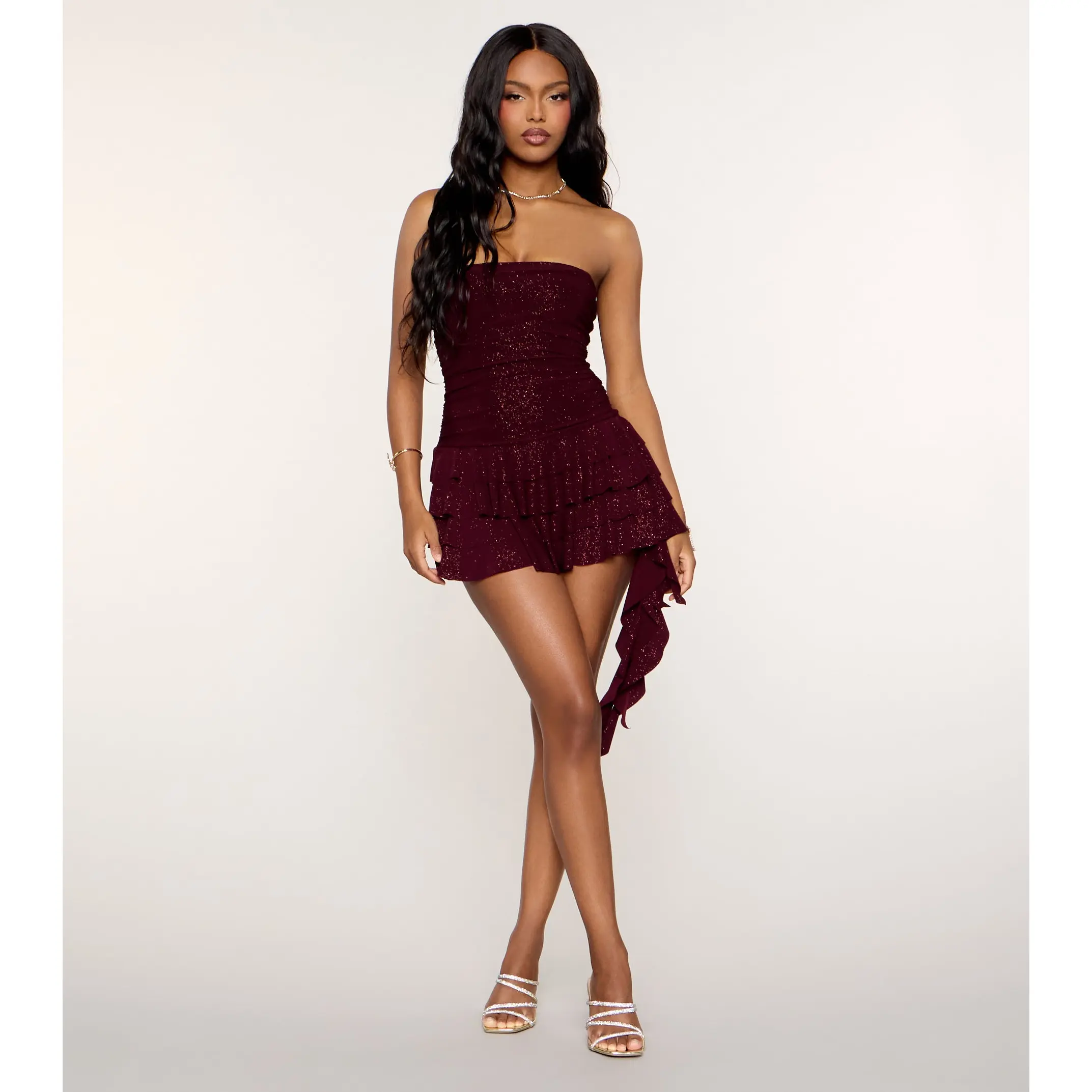 Plans Got Prettier Glitter Ruffle Strapless Romper