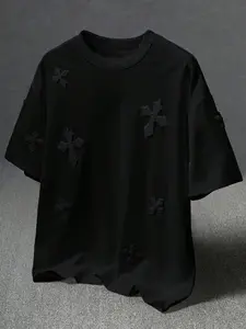 Men's Casual Cross Pattern T-Shirt, Flocked Texture Crew Neck Short Sleeve Top, Hip Hop Street Style Fashion For Men