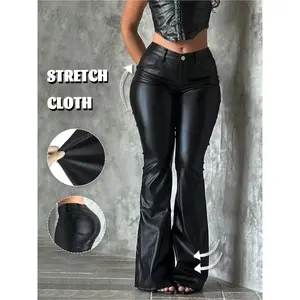 Elegant High-Waisted Faux Leather Pants, Zipper Design Loose Fit, Sexy Style Bell Bottoms, All Seasons Fashion, Women's Clothing, Womenswear