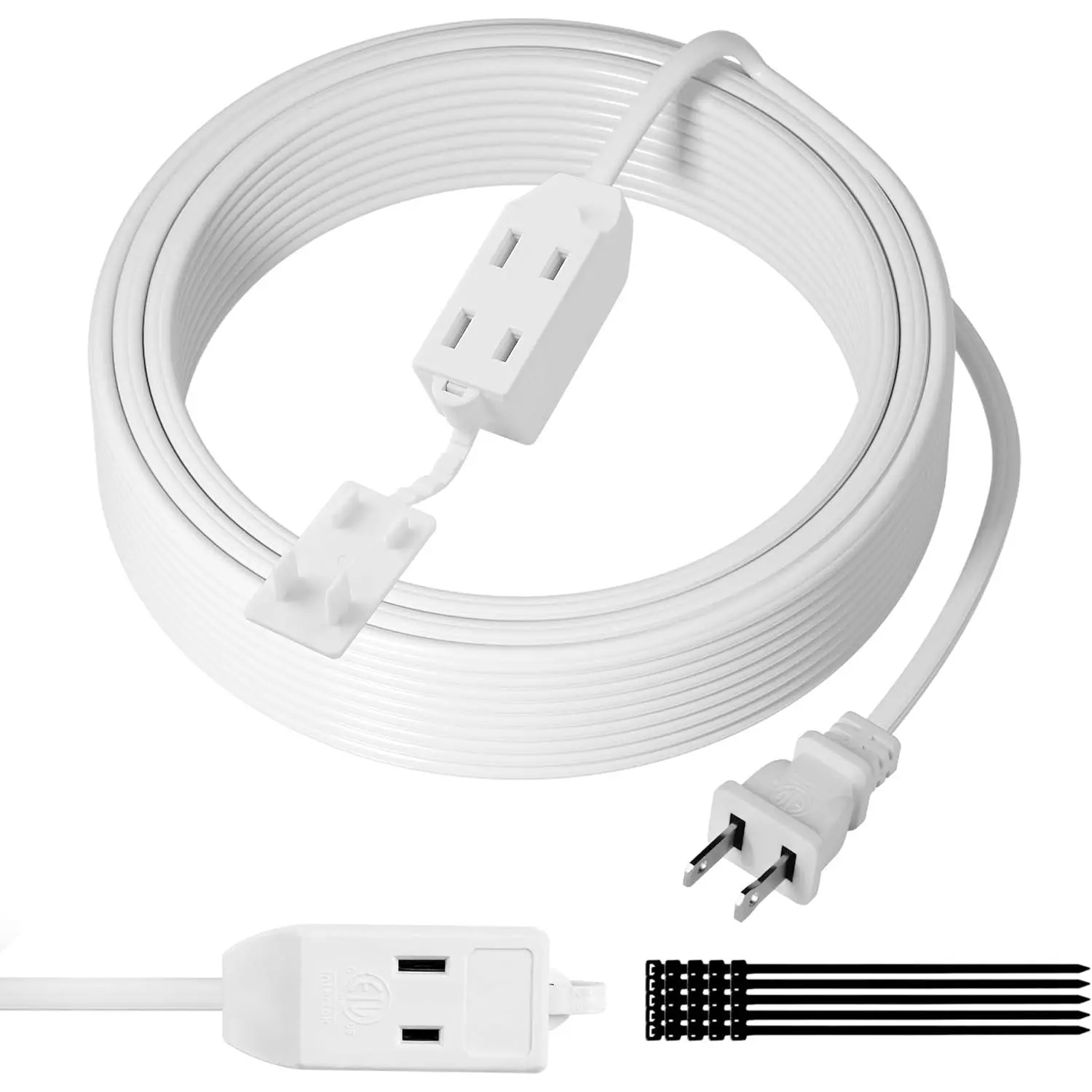 2 Prong Extension Cable 25 FT, Extra Long Power Cord with 3 Outlets, Flat Multiple Outlet Cable with Tamper Guard, ETL Listed, Outlet Saver, OFC, 16 Gauge Wire, 13A/125V, White Cable with 25 Pcs Ties
