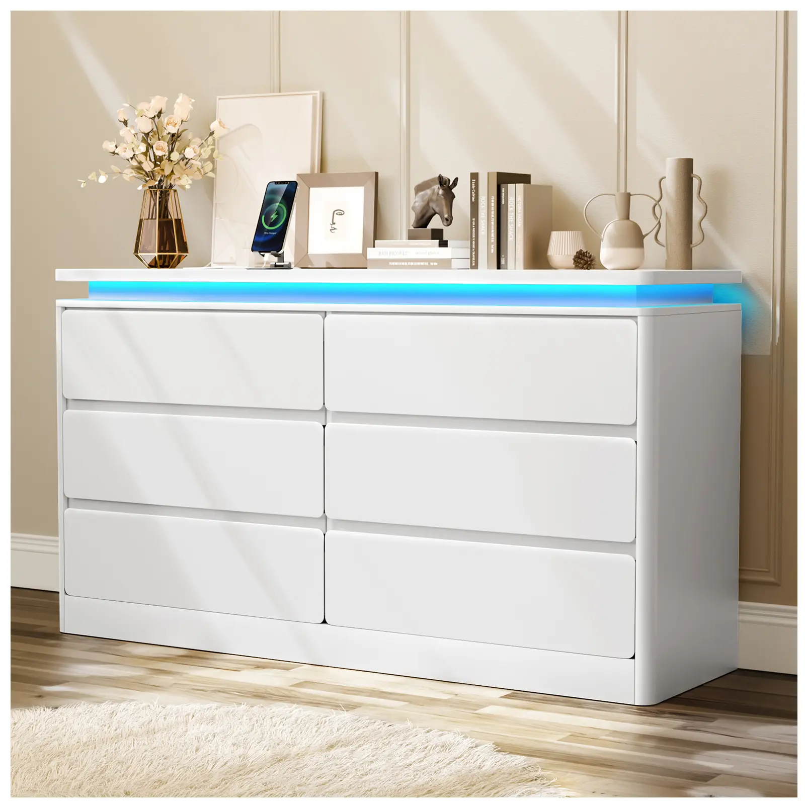 Loomie 6 Drawer Dresser with Power Outlet, LED Light, Modern Chest of Drawers for Closet, Double Wide Drawer Organizer Cabinet
