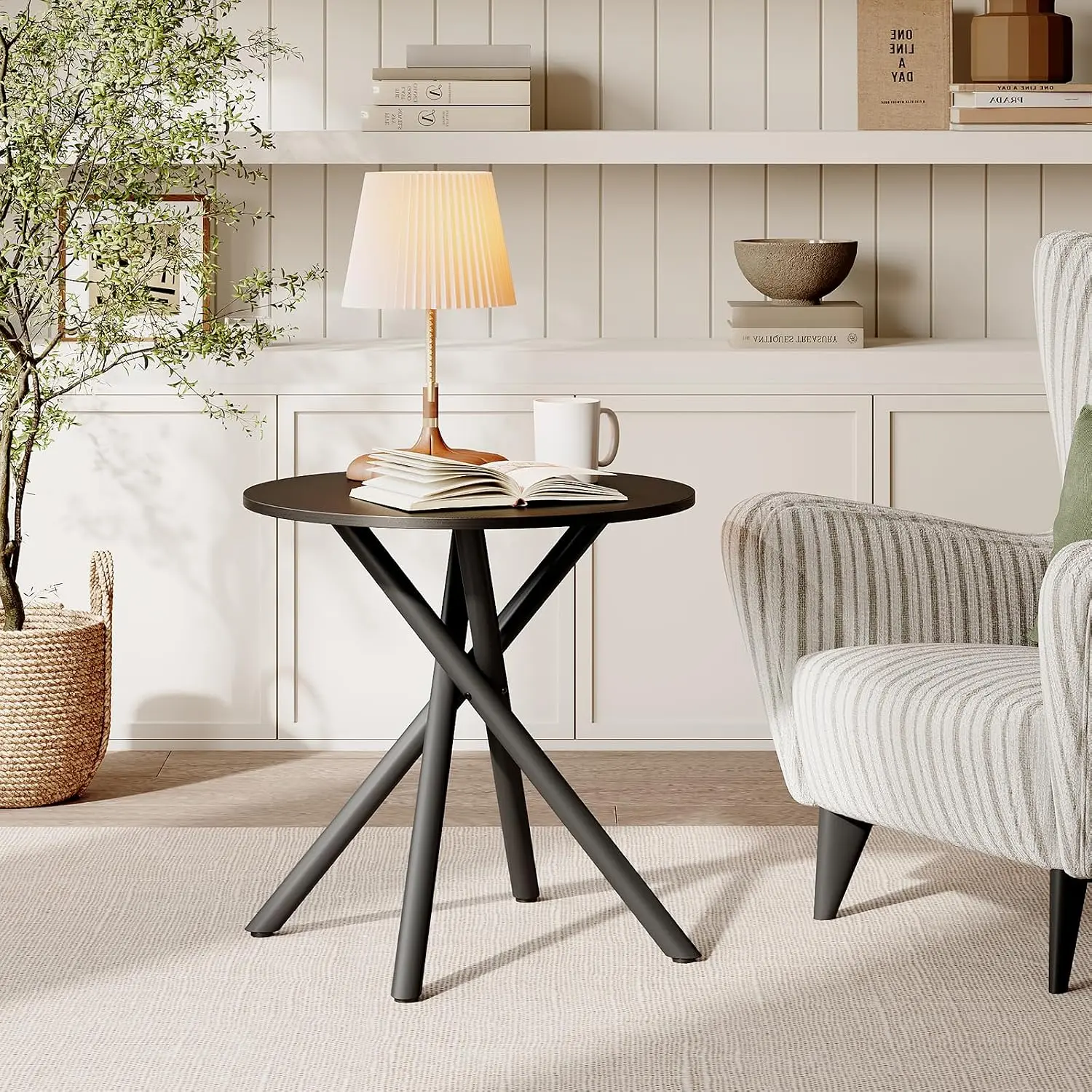 Karlhome 24" Round Side Table with Cross Legs, Wooden End Table, Black | Rustic Small Coffee Table for Small Spaces, Living Room, Bedroom, Office