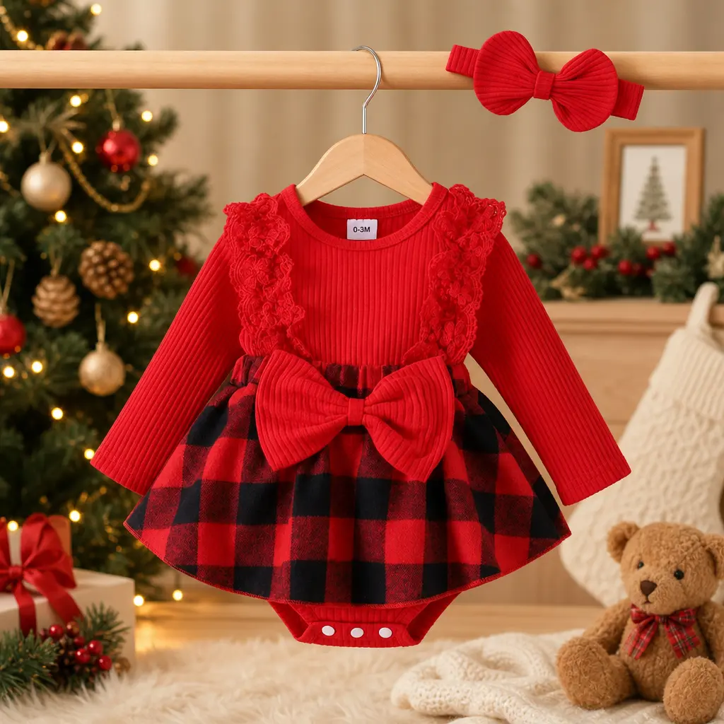 Infant Baby Girls Christmas Romper Dress Plaid Print Patchwork Long Sleeve Round Neck Lace Jumpsuit + Headband
