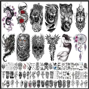 72 Sheets Temporary Tatoo 12 Large and 60 Medium-sizedsheets Black Arm Temporary Tattoos For Men Forearm WomenThigh, Half Sleeve Temporary Tattoos , Halloween Tattoos Scary Lion Wolf Tiger Skull Skeleton Tattoos Stickers
