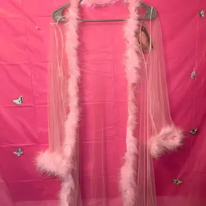 Women's pink Robe with Feather Trim - Detailed Description Not Provided