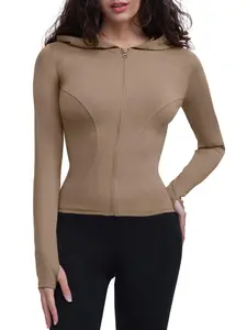 Women's Solid Minimalist Zip Up Hooded Sports Jacket, Sporty Long Sleeve Thumb Hole Outerwear for Gym Workout Running, Ladies Sportswear for All Seasons, Womenswear