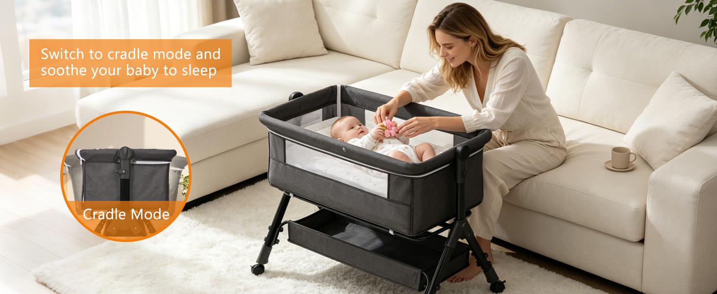 【SummerVibes】 Portable Baby Bed 6-in-1 - Foldable Crib w/ 6 Height Adjustments, Bedside Sleeper, Rocker & Bassinet + Storage Basket & Mattress & Ultra-Quiet Wheels , Nursery Must-Have Folding Sleeping Cot