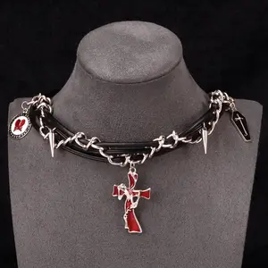 Punk lock dagger necklace dark y2k layered chain necklace gothic pendant necklace silver tone statement jewelry for streetwear outfits