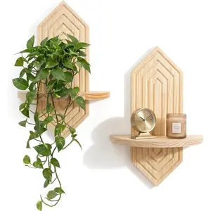 2 Pcs Floating Shelves for Wall, Pine Wood Boho Wall Decor, Mid Century Modern Decor Plant Wall Shelf, Vertical Wall Plant Holder,for Living Room,Bedroom,Nursey Room (Natural)