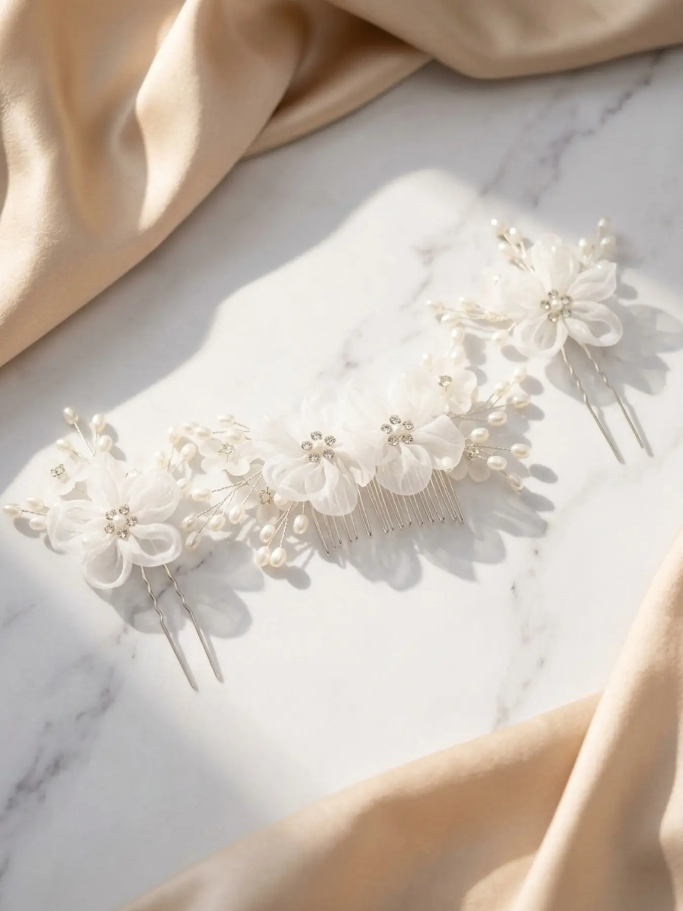Elegant Handmade Bridal Hair Accessories Set, Headwear, Handcrafted Pearl and Crystal Decorated Organic Sash Comb Pins, Ideal for Brides and Formal Events, Uniqueness, Durability