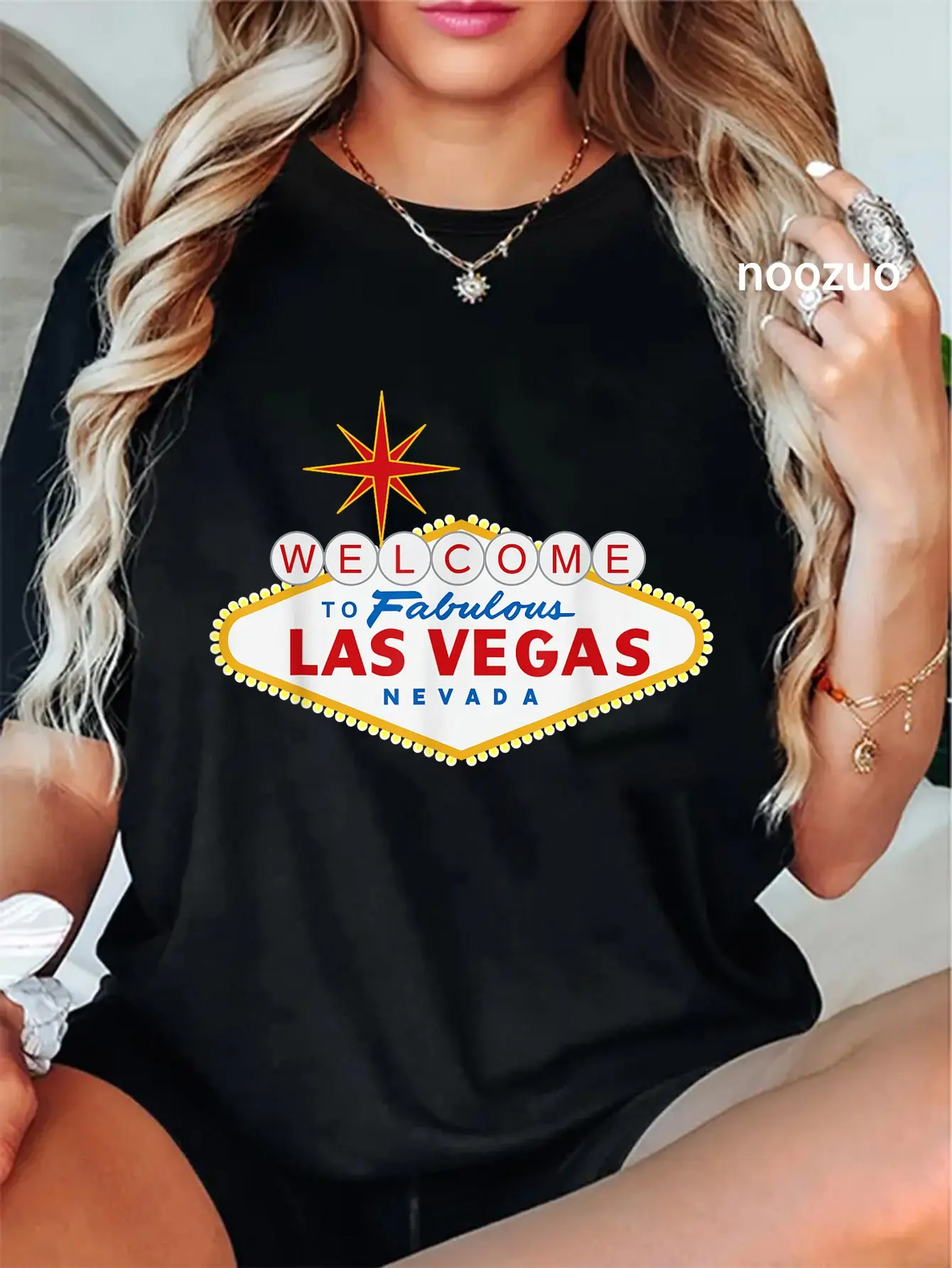 Women's 100% Cotton Unisex Graphic Round Neck Short Sleeve Tops - Black Las Vegas Welcome Everyday T-Shirt, Shortsleeve, Vintage, Casual, Distressed Edge, Unisex Cut, Las Vegas Sign