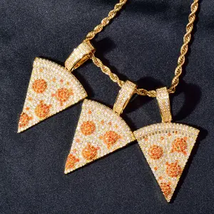 New Pizza Shape Pendant For Men Women Chain Iced Out Red Cubic Zircon Hip Hop Necklace Fashion Rock Jewelry Gift 2024