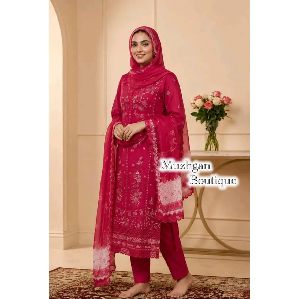 Premium Indian Punjabi Dress with Hand-Crafted Embroidery - Hot Pink Pure Cotton