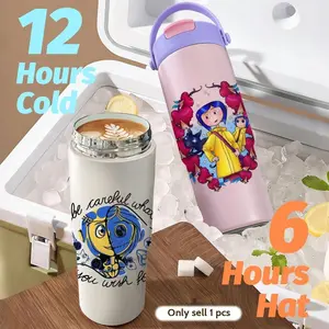 Cartoon C-Coraline Vacuum Flasks Insulated Travel Mug, Leakproof Insulated Tumbler, Ceramic Lined Tumbler with Tea Infuser, Hidden Straw & Non-Slip Base, Vacuum Cold Retention Bottle 700ml