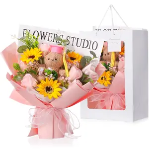 Graduation Gift for Her, Pink Soap Flower Bouquet with Sunflowers, Bear and Gift Bag, Cute Keepsake for Graduate, Daughter or Best Friend