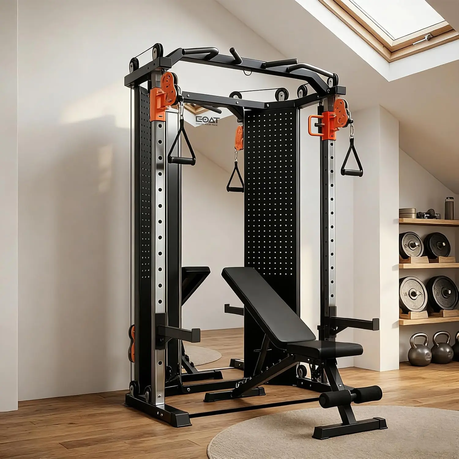 EOAT All-in-1 Corner Home Gym Equipment with Mirror, 132 lbs Weight Stack, 17 Adjustable Settings, Space-Saving Design, Squat Rack Power Cage with Cable Crossover System for Strength Training