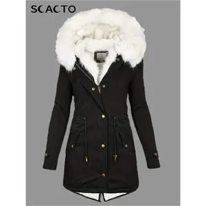 2025 Women'S Retro Faux Hooded Mid-Length Hunting Jacket, Cozy Winter Coat Featuring Golden Buttons And Pockets