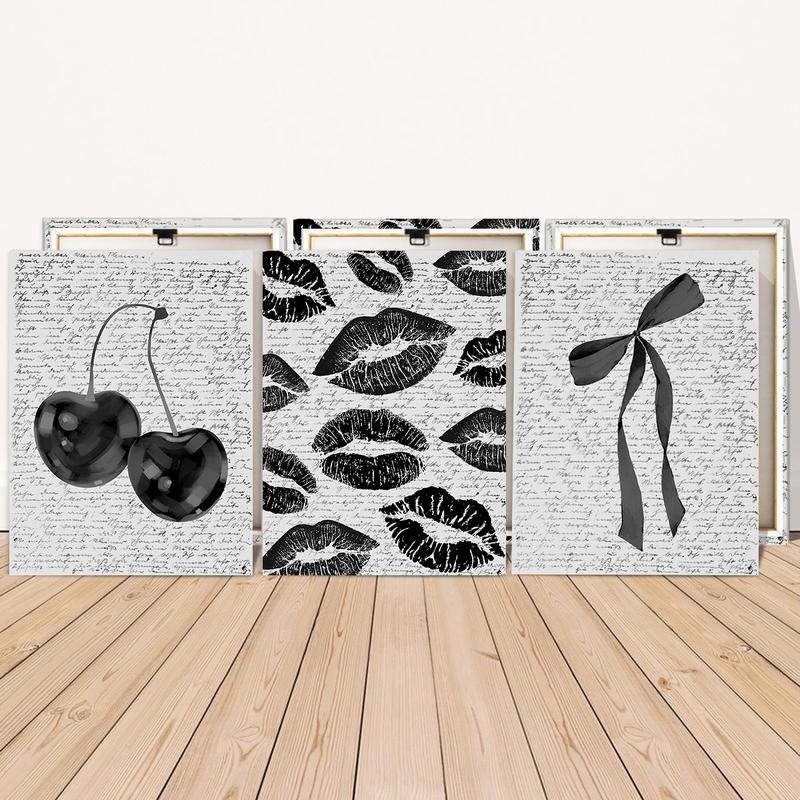 3Pcs/Set Wooden Framed Black White Retro Cherry Canvas Poster, Coquette Bow Trendy Wall Art, Aesthetic Design, Preppy Decor, Lips Kiss Prints, Artwork Wall Painting For Gift, Dark Aesthetic, Wall Decor For Bedroom, Living Room, Ready To Hang