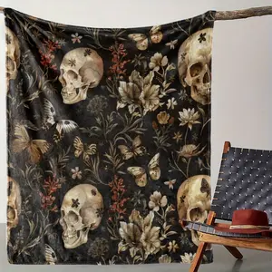 Vintage Gothic Floral And Skull Pattern Throw Blanket – Soft, Cozy, Warm Flannel Fabric – Perfect For Sofa, Bed, Camping, Travel, Office – Polyester 100%, Knit, Active Printing, All-Season Use