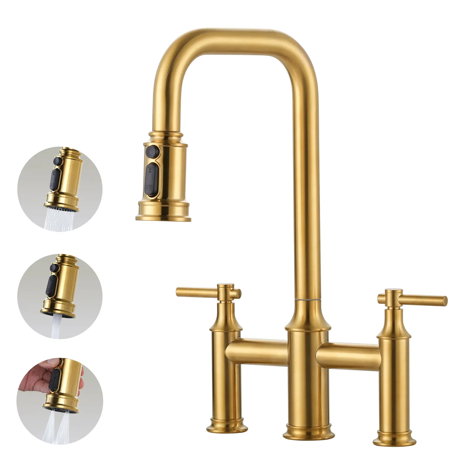 WOWOW Classic Brass Deck-Mount Bridge Faucet for Kitchen Sinks - 3-Hole, Double-Handle, 360 Rotation, 3 Spray Modes, Pull-Down Ceramic Spray Head, Gold, French Country Style (Suitable for Kitchen, Garden)