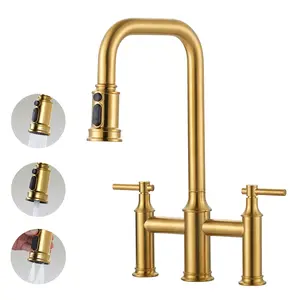 WOWOW Double Handle Bridge Kitchen Faucet with Pull-Down Spray Head, Deck Mount 3 Holes Kitchen Sink Faucet in Gold