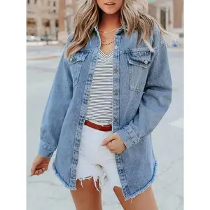 Women’s Plus Size Vintage Denim Jacket – Oversized long-sleeve collared coat with frayed hem and pocket details, Korean-inspired layered outerwear (non-stretch, machine washable), suitable for jeans or dresses — casual for spring/autumn