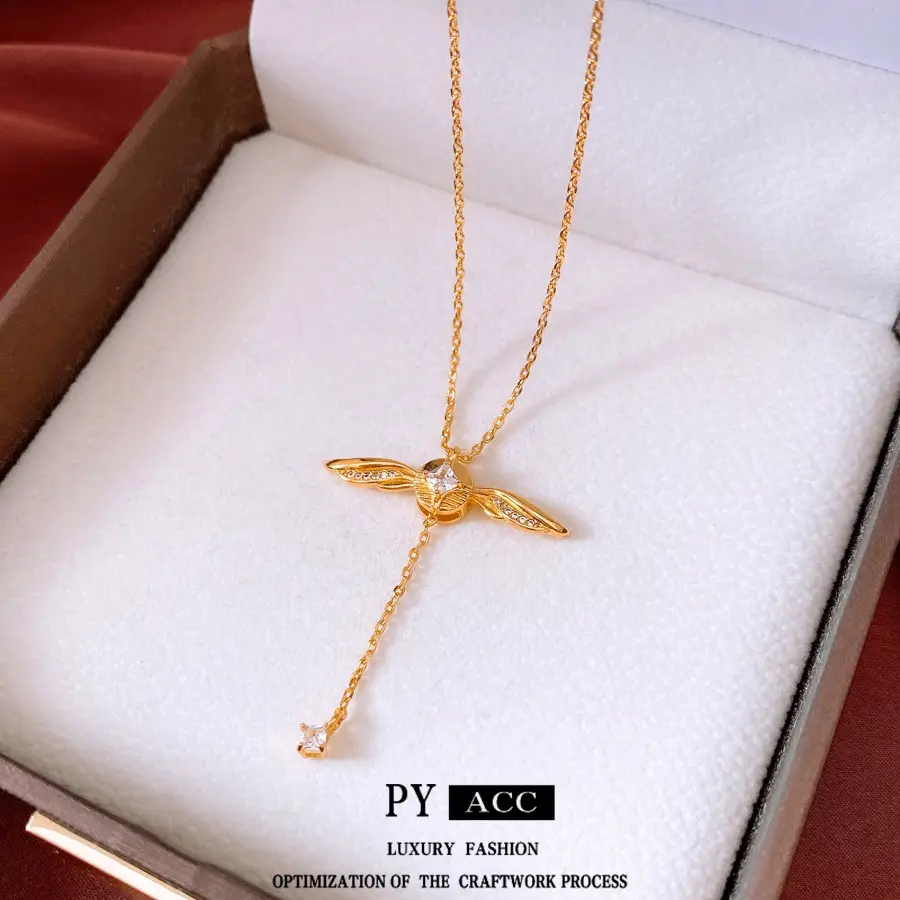 Angel Wing Necklace for Women, Gold-Tone Metallic Bird Motif Pendant with Movable Wings, Character Graphic Jewelry, Angel Wing Necklaces, Gold-Tone Metallic Necklaces