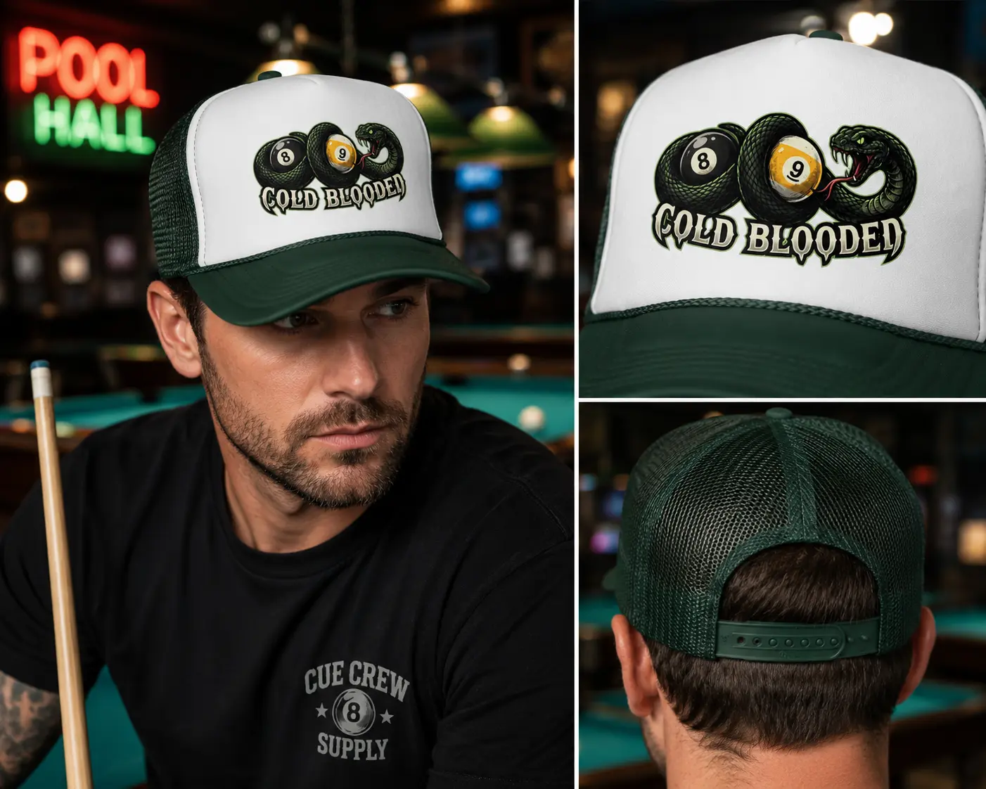 Cold Blooded Snake & 8 Ball 9 Ball Billiards Trucker Hat | OTTO 39-165 Foam Snapback Pool Player Cap
