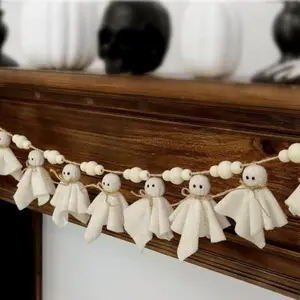 Handmade Halloween Ghost Decorations, Wooden Bead Garland & Rustic Banner, Perfect for Indoor Outdoor Spring Holiday Decor