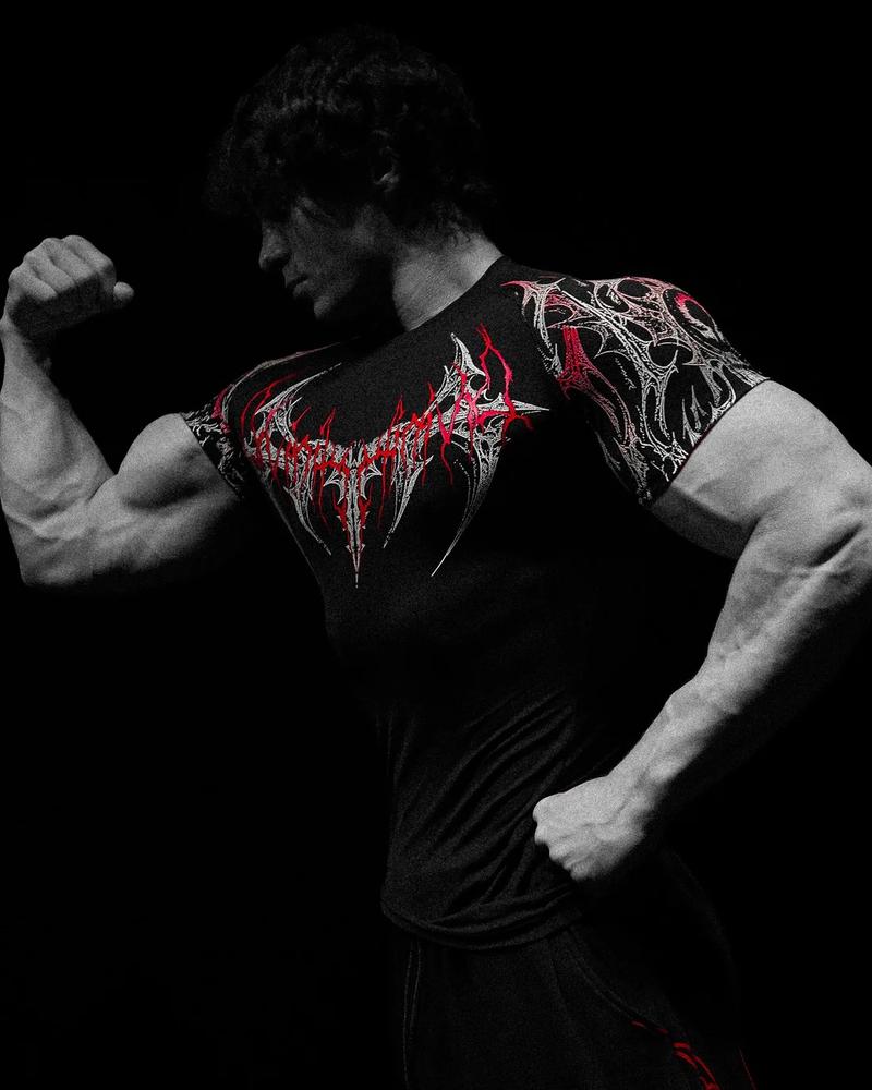 GYM T-shirt Men's Dark Gothic Print Muscle Tee  High Elasticity And Quick Drying Exercise For Bodybuilding Training 2025 Summer