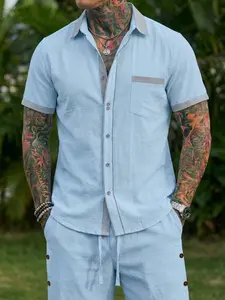 Men's Casual Patchwork Short Sleeve Shirt and Shorts Set, Fashionable and Comfortable Design, Ideal for Daily Wear and Leisure Activities
