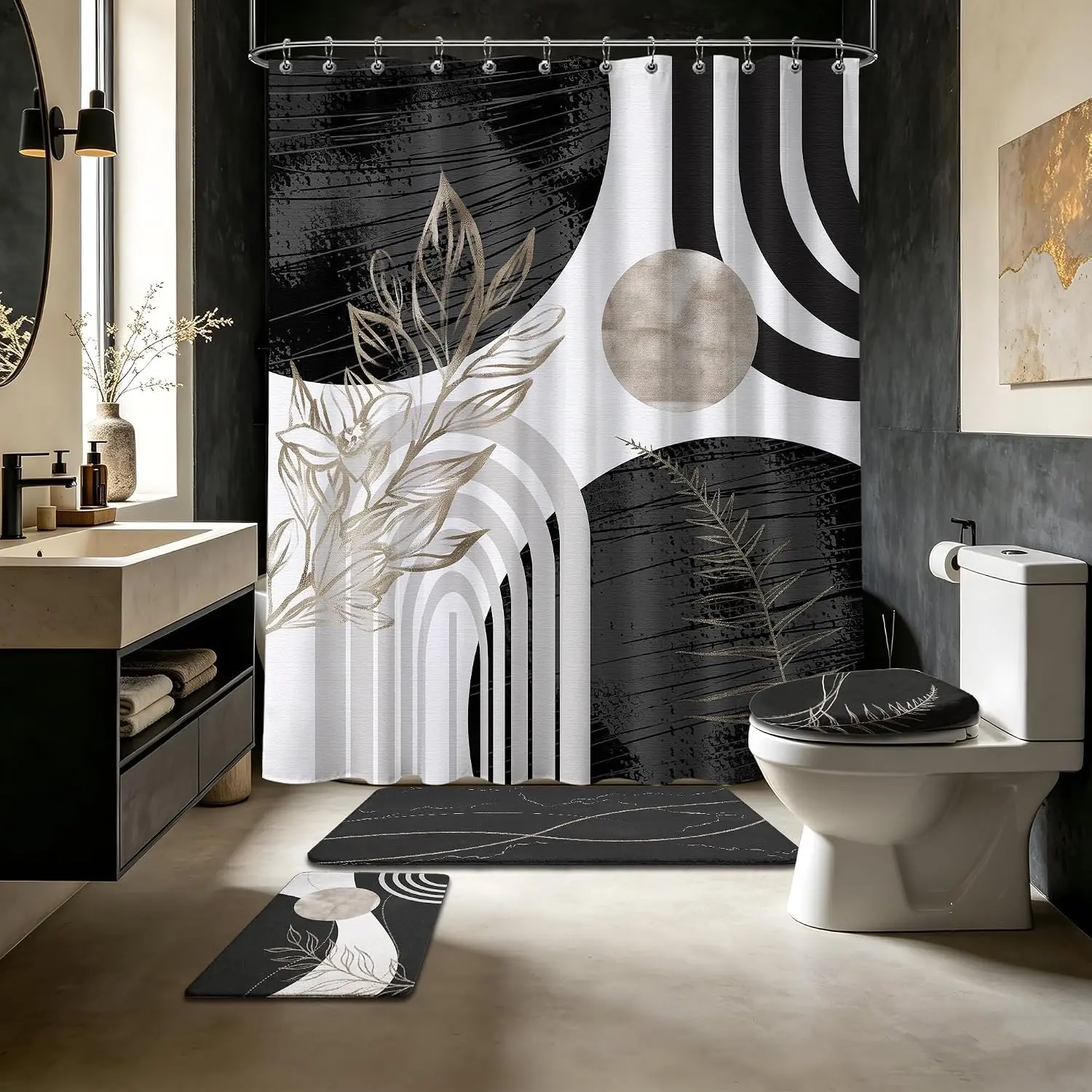 Black and White Shower Curtain Sets with Rugs, Boho Bathroom Decor | Mid Century Modern Bathroom Sets with Shower Curtain and Mats, Dark Grey Mens Theme, 4 Piece with Toilet Lid Cover,family,u-shaped,farmhouse,Ombre,hook,,Green,Christmas,Tree,sheer,top,,