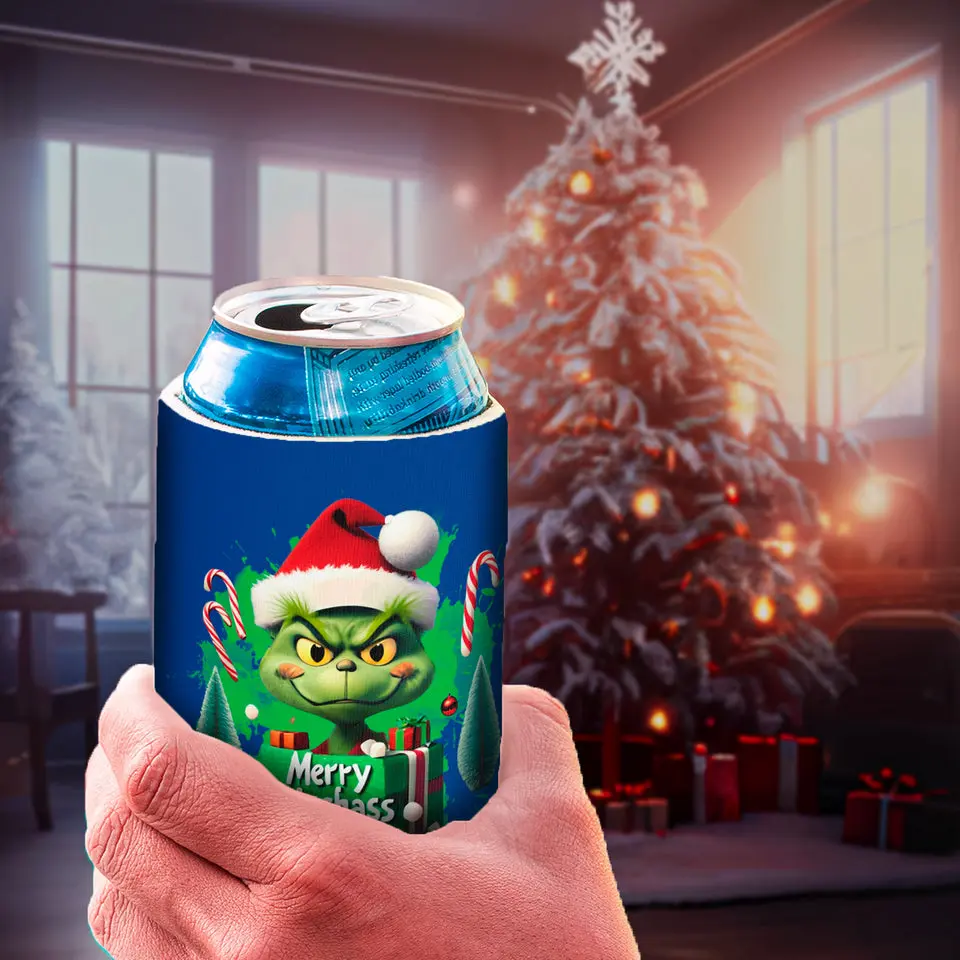 Grinchy Grip: Mischievously Merry Can Cooler Sleeve - designs created by Claire4You designers just for you. P12-D267