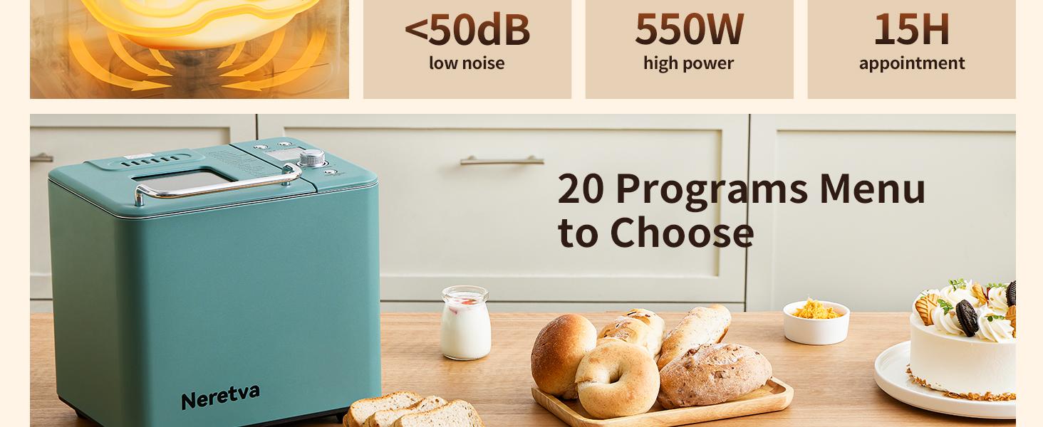 Neretva Bread Maker, 20-IN-1 2LB Bread Machine Dual Heater Bread Maker Machine Automatic with Nonstick Ceramic Pan, 15H Timer & 1H Keep Warm Set, Low Noise, Stainless Steel Breadmaker Recipe