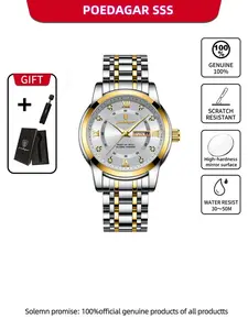 Men's Diamond Watch Poedagar, Luxury Business Formal Wristwatch, Quartz Movement, Stainless Steel Strap, Waterproof Luminous Design, Stainless Steel Watches, Quartz Wristwatches, Business Fashion Watches