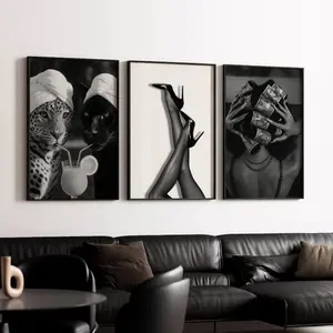 Set Of 3 Poster Cheetah Black and White Fashion Prints, Leopard & Cheetah Cocktail, Heels, Glam Woman