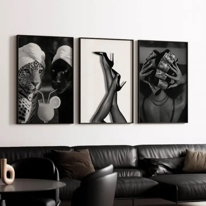 Set Of 3 Poster Cheetah Black and White Fashion Prints, Leopard & Cheetah Cocktail, Heels, Glam Woman