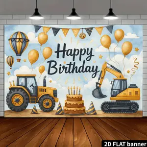 2D Flat Banner Polyester Photography Backdrop, HD digitally printed soft lightweight foldable background cloth featuring a construction tractor and excavator theme with yellow balloons, birthday cake, and "Happy Birthday" message,