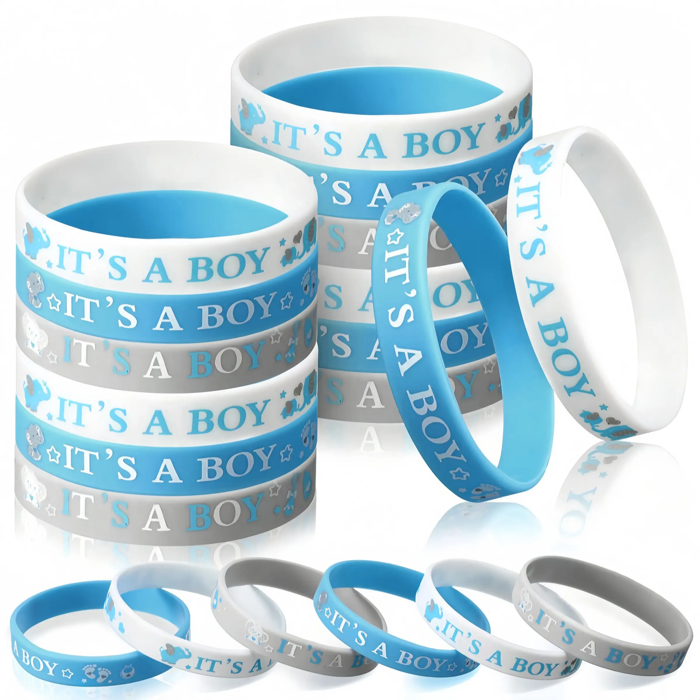 Baby Party Rubber Bracelets Set, Boy Girl Wristbands, Elephant Baby Shower Decorations, Gender Reveal Party Favors, 6/12 Pieces, Stackable Bracelets, Bracelet Sets