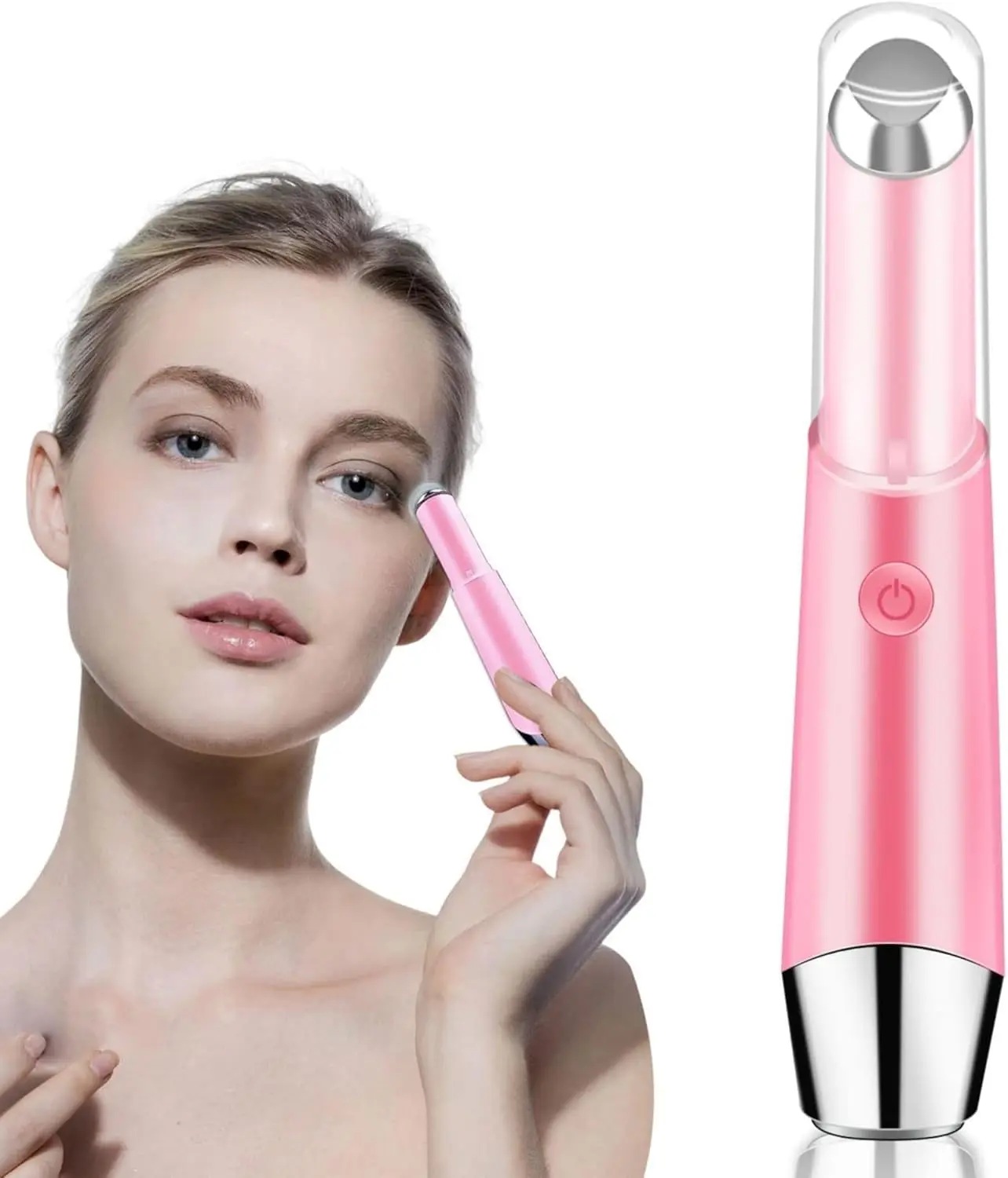 Rechargeable Electric Eye Massager Wand with Gentle Vibration & LED Light - Soothing Facial Treatment for Dark Circles, Eye Bags & Puffiness (Pink), Rechargeable Battery
