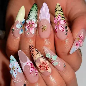 Tropical 3D Flower Animal Print Summer Press On Nails 24 pcs Long Almond, Island Gold Bead Accents Beach Wave French Tip Fake Nails with Nail Glue, Adhesive Tabs & Nail File