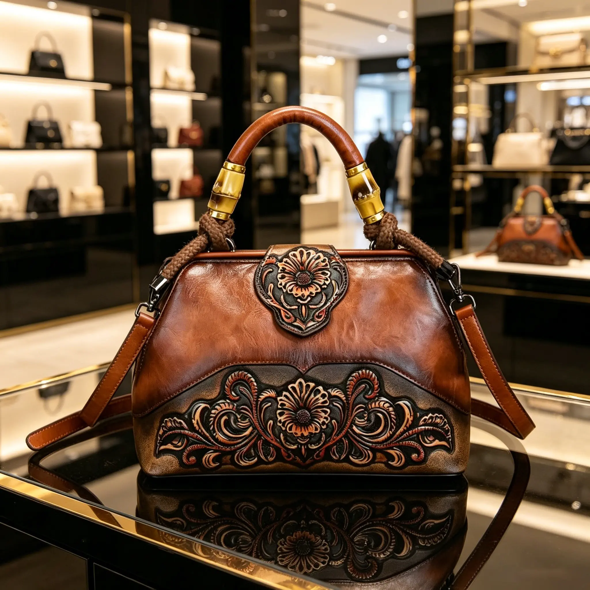 Women's Vintage Floral Pattern Handle Bag - Floral Embossed Retro Mixed-Tone Purse with Bamboo-Style Top Handle, Adjustable Crossbody Strap, Kiss-Lock Clasp Flap Buckle Fasten for Party, Casual Wear Use